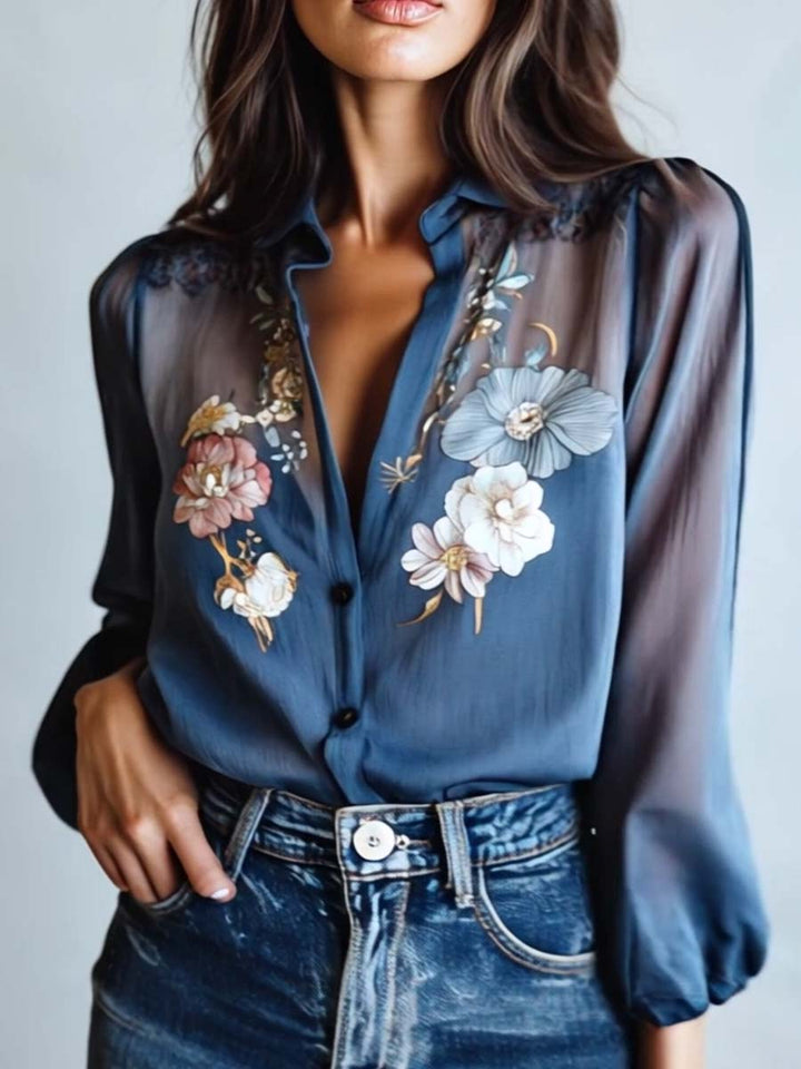 Boho floral print women's blouse, relaxed fit, ideal summer style casual top.
