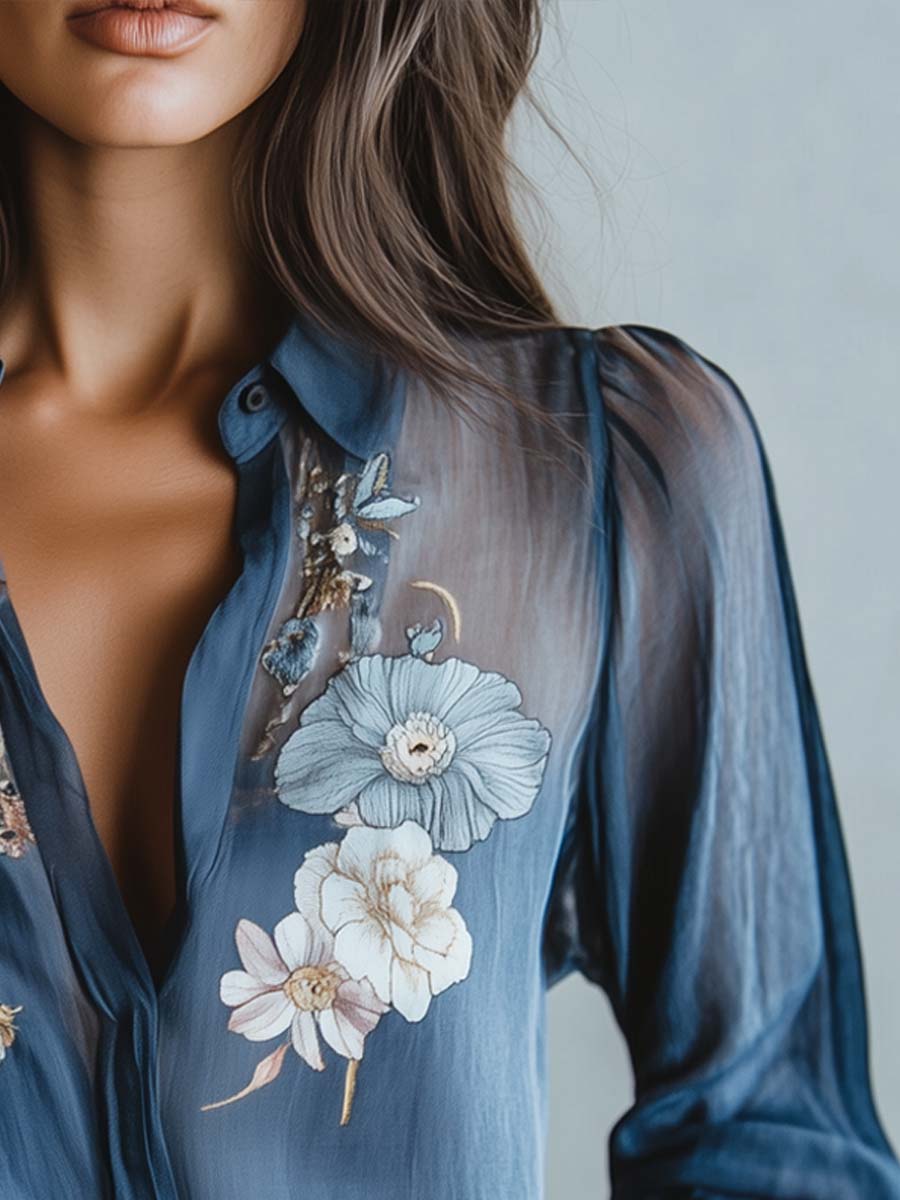 Summer women's casual blouse, vibrant floral print, relaxed boho fit.