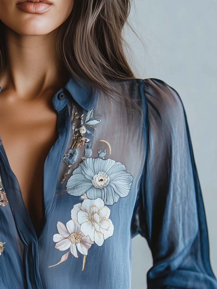 Summer women's casual blouse, vibrant floral print, relaxed boho fit.