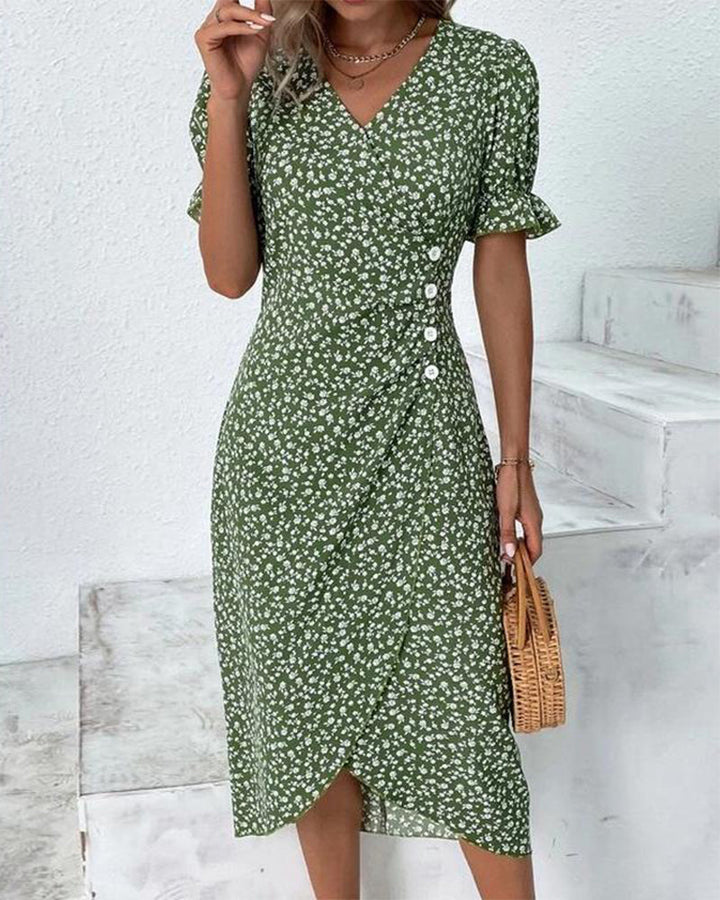 Elegant floral V-neck midi dress for women, flowy & flattering for summer events.