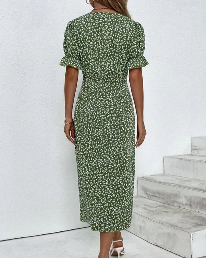 Comfortable & chic women's flowy floral V-neck dress, perfect for warm weather style.