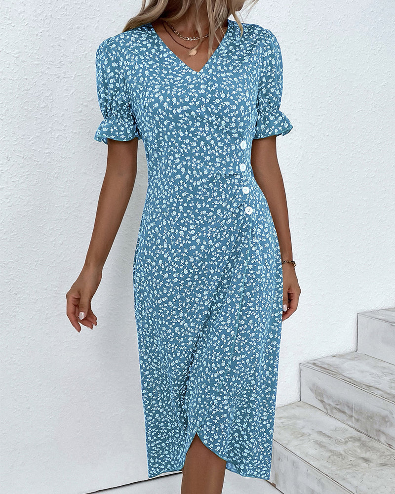 Stylish women's floral V-neck dress, a flowy midi with elegant design for summer fashion.
