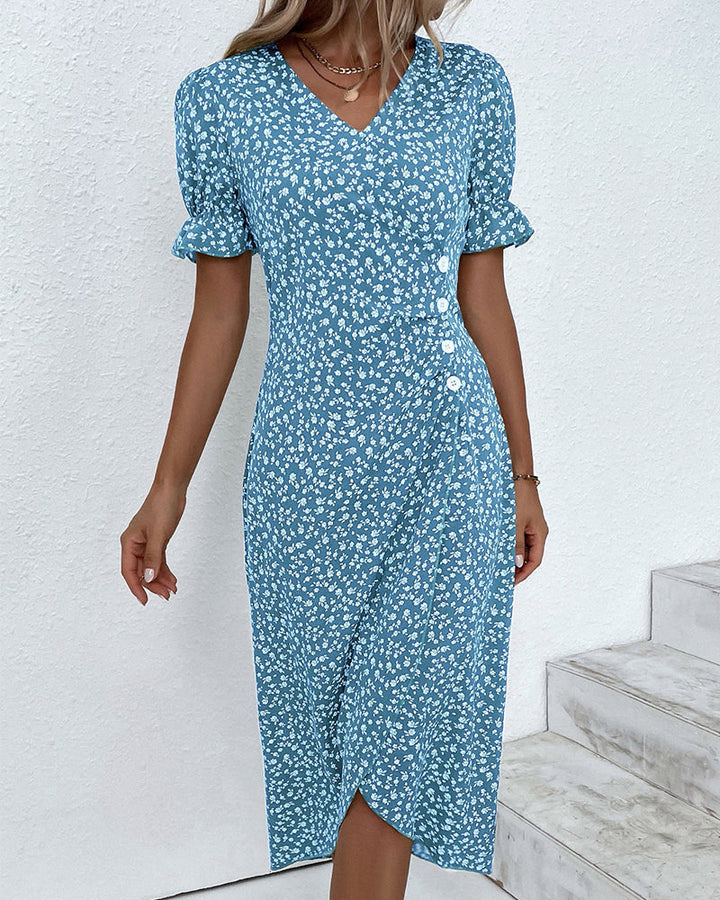 Stylish women's floral V-neck dress, a flowy midi with elegant design for summer fashion.