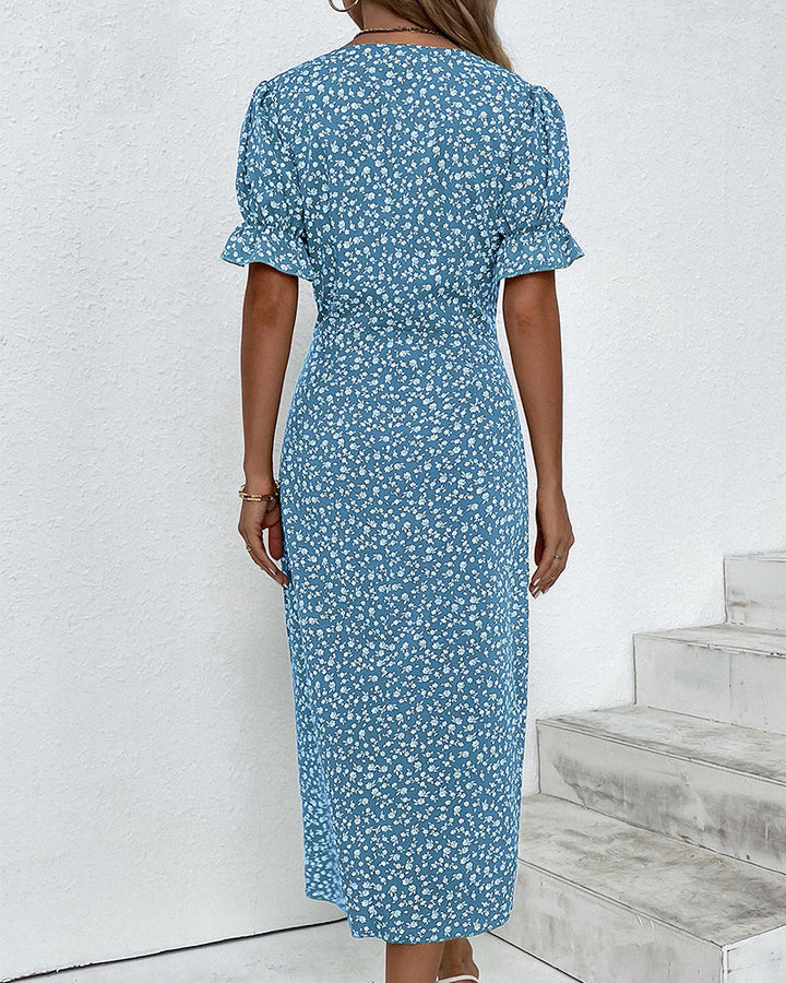Summer-ready women's floral V-neck dress, a flowy & elegant midi for chic style.