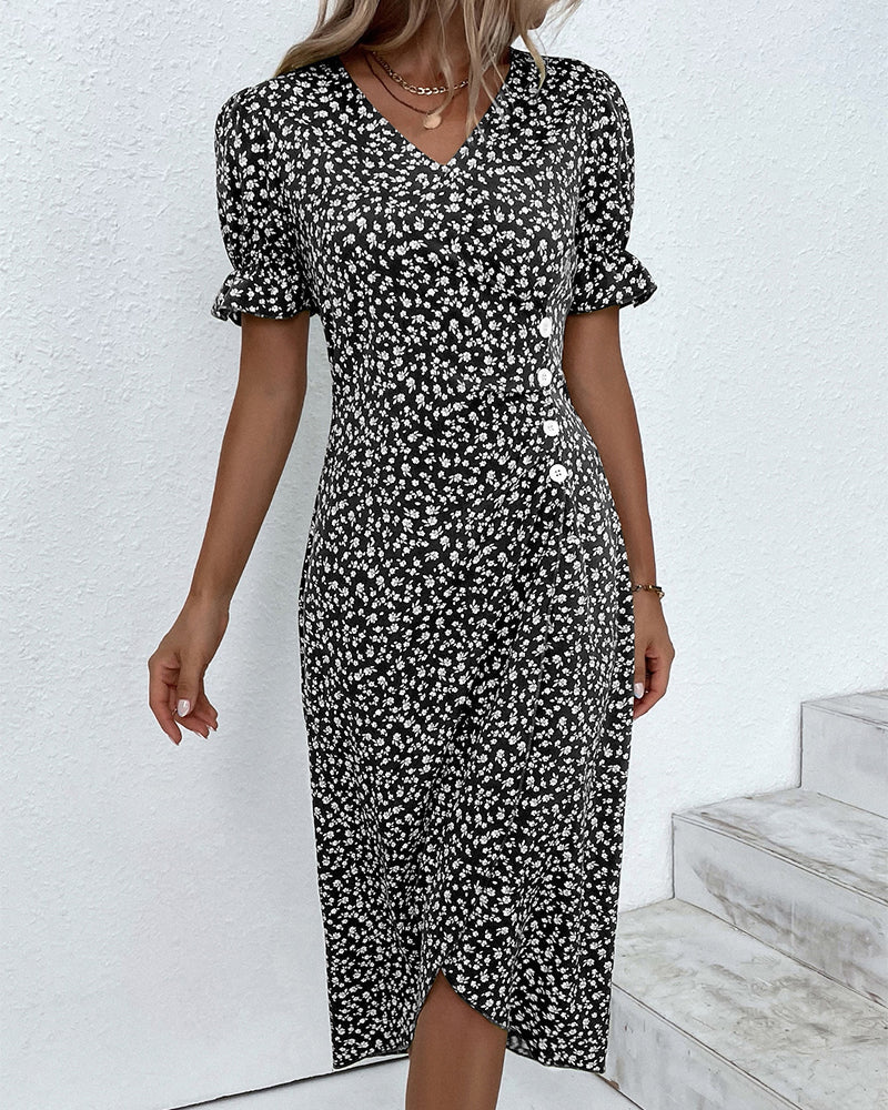 Beautifully printed floral V-neck dress for women, offering a flowy & elegant look.