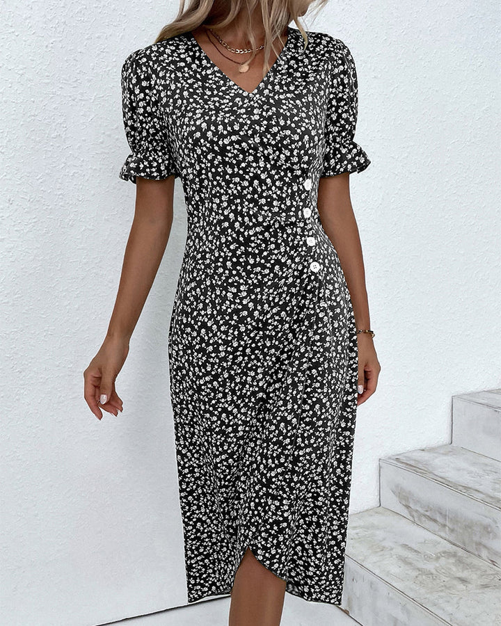 Beautifully printed floral V-neck dress for women, offering a flowy & elegant look.