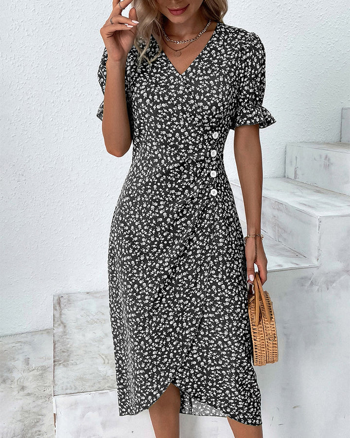 Flowy elegant floral V-neck dress, ideal for women's summer parties & special events.