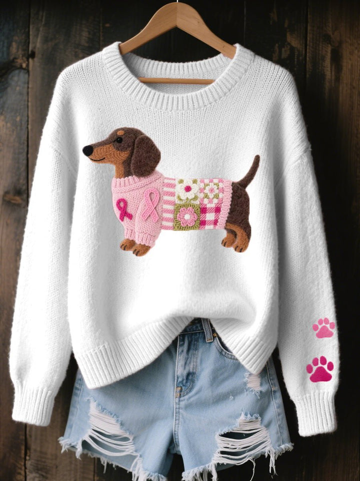 Charming women's knitted sweater with a dachshund design, paw print, and ribbon accent. Stylish & warm fall fashion.