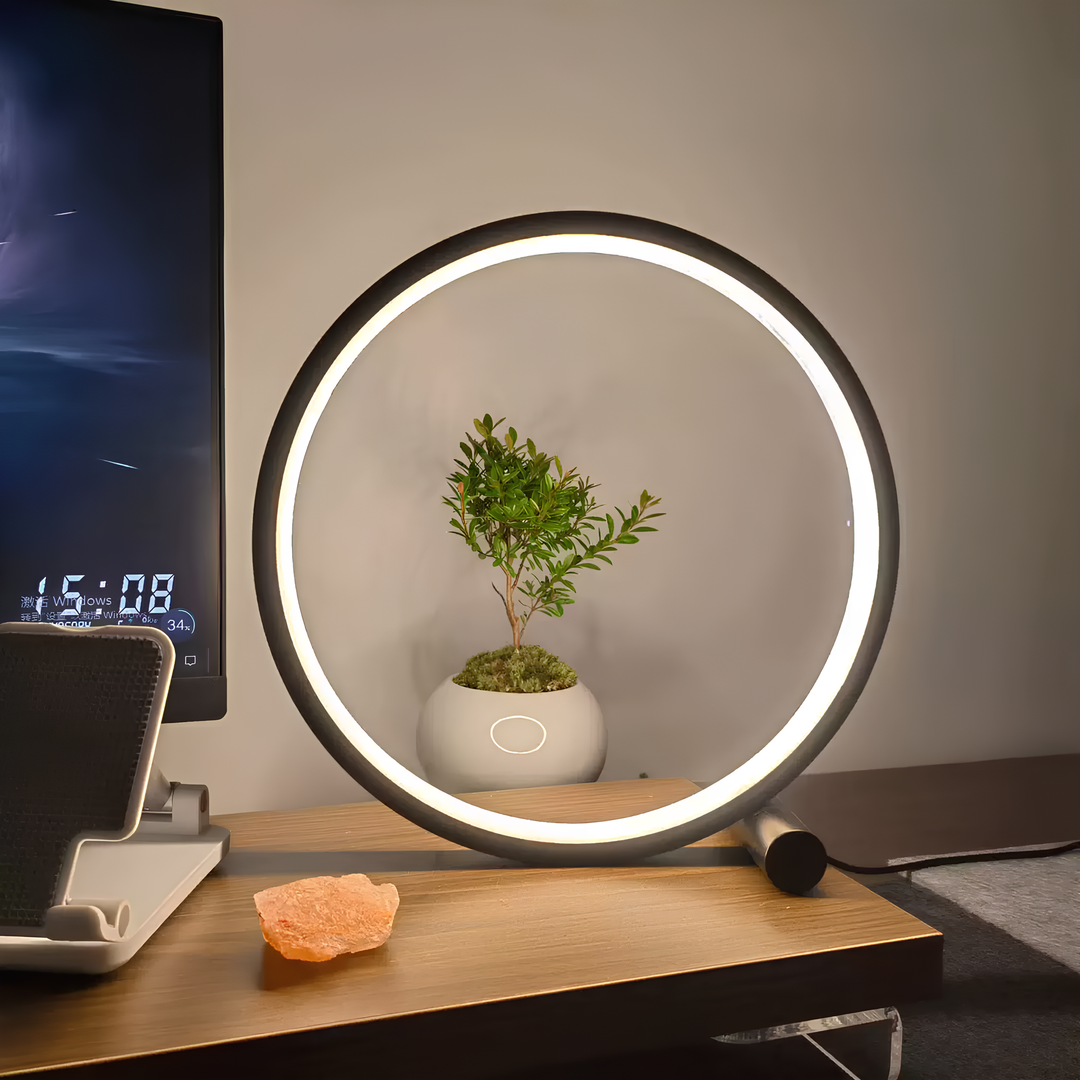 Nvroome Lights modern dimmable LED halo nightstand lamp, ideal for bedroom & living room ambient lighting.