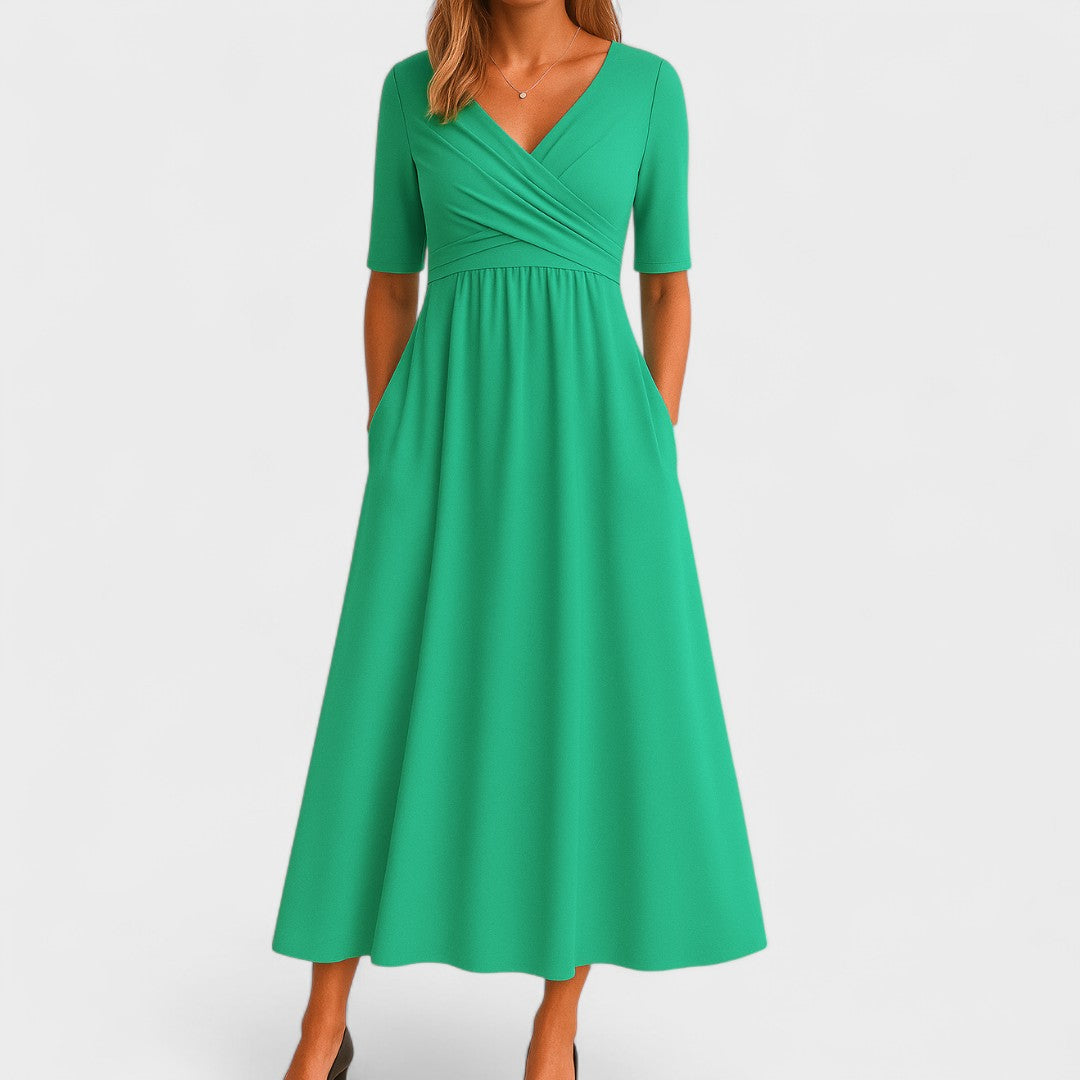 Chic & elegant V-neck midi dress for women. Flattering short sleeve design, perfect for parties or summer fashion.