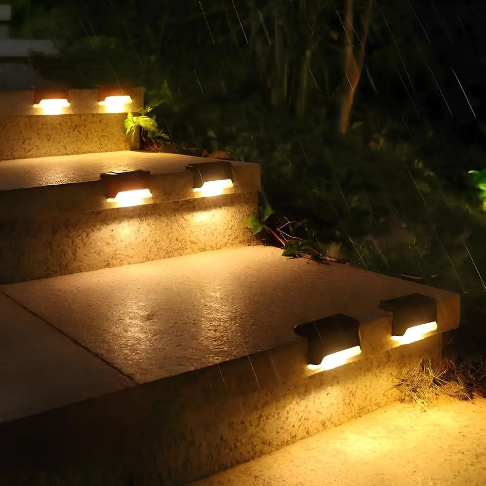 Outdoor pathway solar lights, warm glow, weatherproof, for steps.