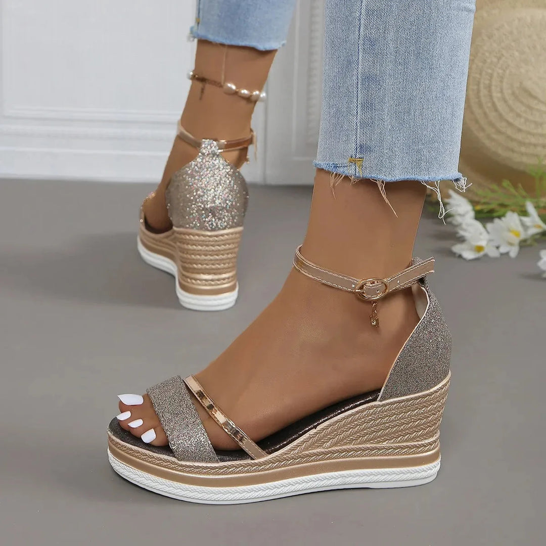 Women's orthopedic wedge sandals with ankle strap, open toe, providing stylish comfort for summer.