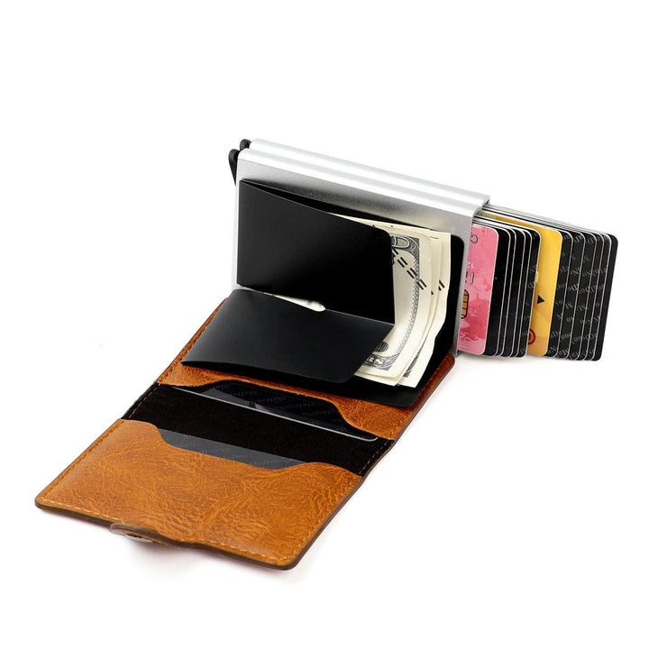 Compact men's RFID card holder, featuring dual pop-up pockets for easy access & anti-theft security.