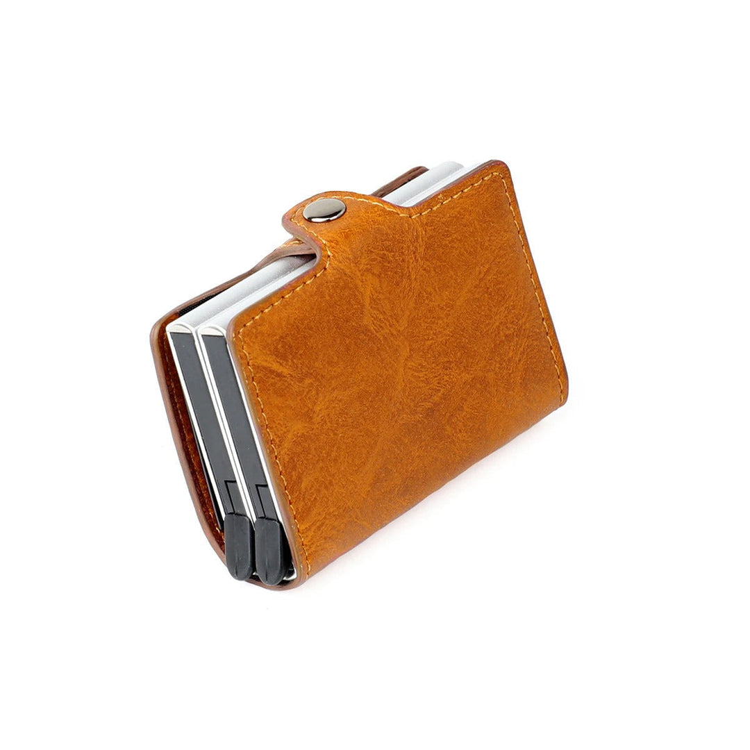 Secure men's minimalist pop-up RFID wallet, aluminum design for anti-theft card protection.