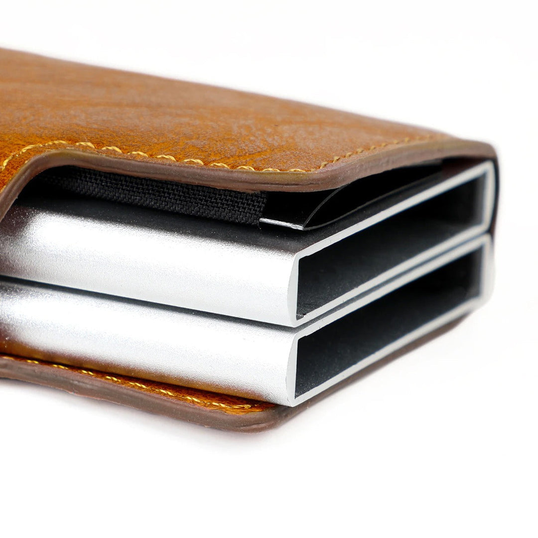Durable aluminum men's slim wallet, RFID blocking credit card holder with quick pop-up functionality.
