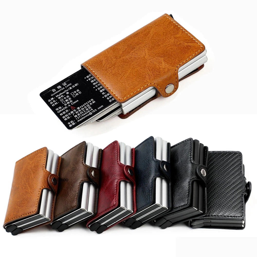 Minimalist men's aluminum pop-up wallet, RFID blocking for cards, compact & secure design.
