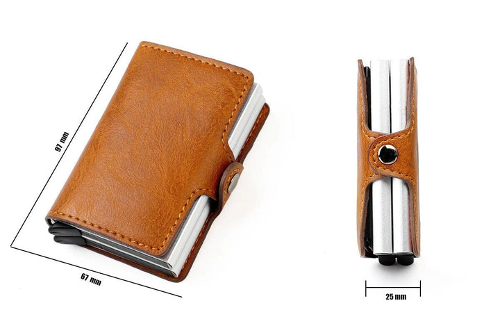 Secure men's compact wallet, RFID blocking, made with durable aluminum & double pop-up card pockets.