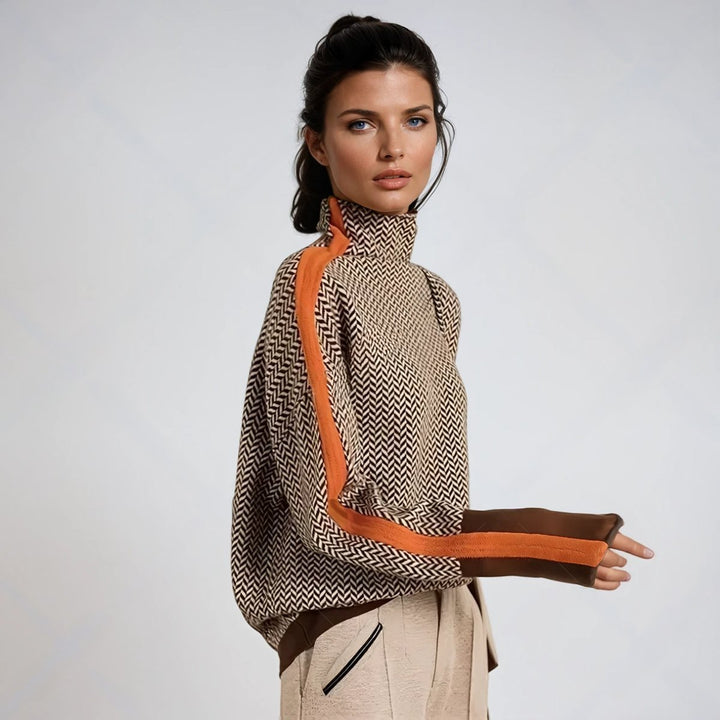 Cozy oversized houndstooth turtleneck sweater for women. Chic knitwear, perfect for fall & winter casual style.