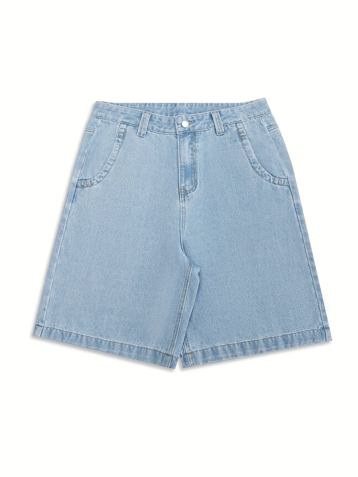 Loose fit men's denim shorts featuring stylish floral embroidery, perfect for casual wear.