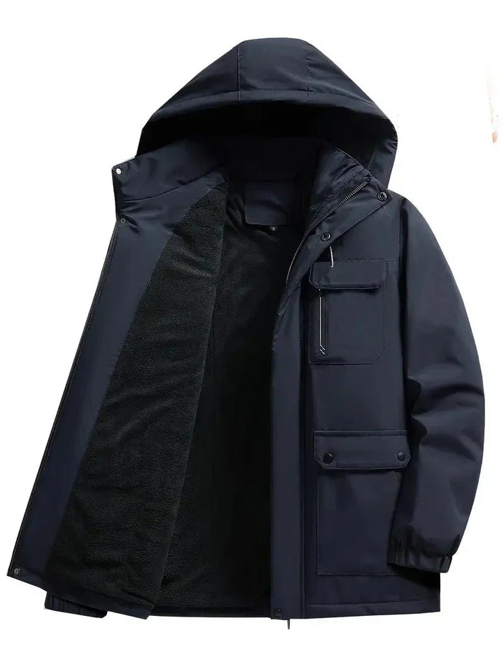 Insulated men's hooded winter parka. Padded waterproof coat for cold weather protection.
