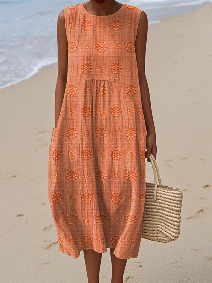 Stylish women's embroidered summer dress, a versatile midi with pockets, perfect for spring events or vacations.