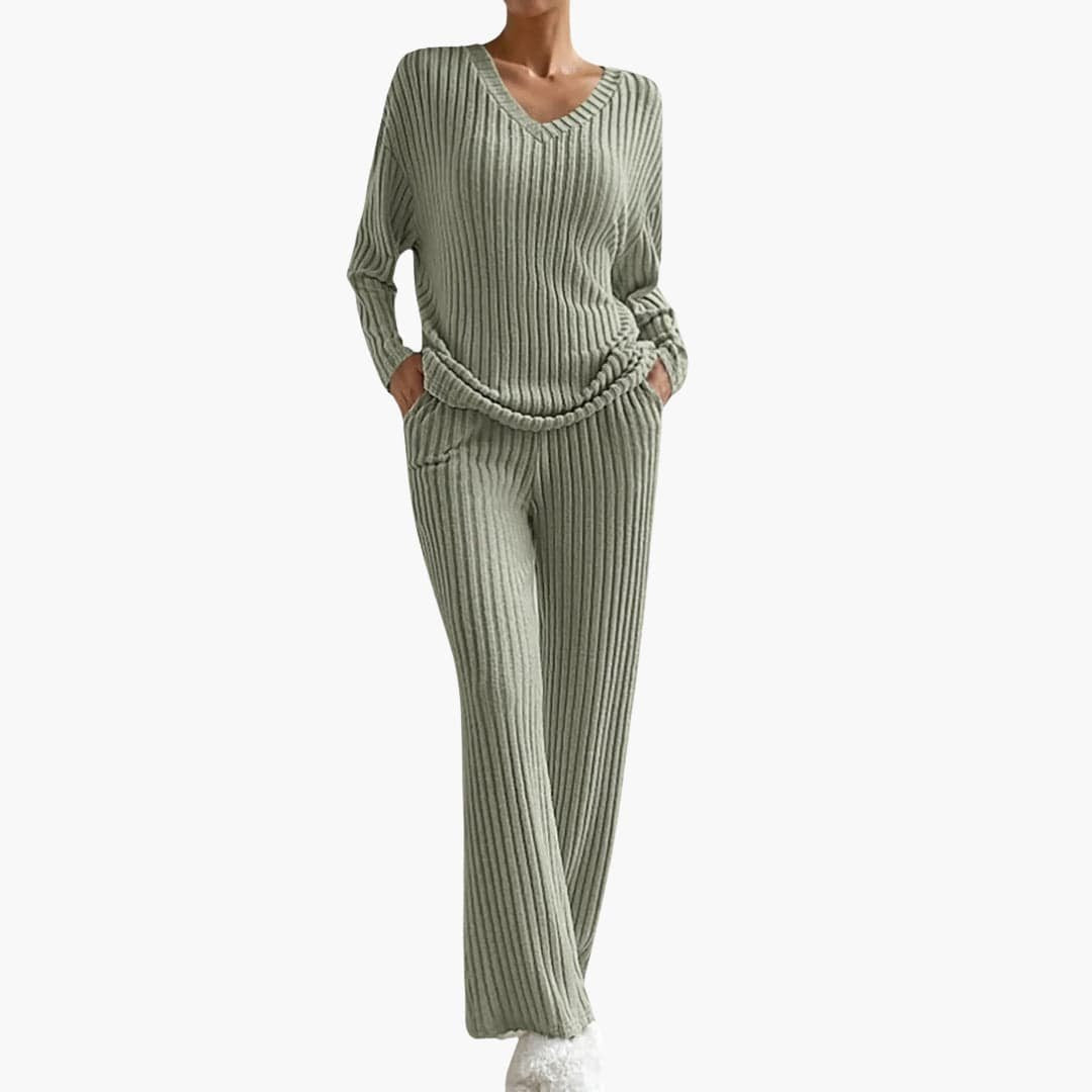 Elegant women's two-piece ribbed set. Perfect long sleeve top & straight leg pants for comfortable wear.