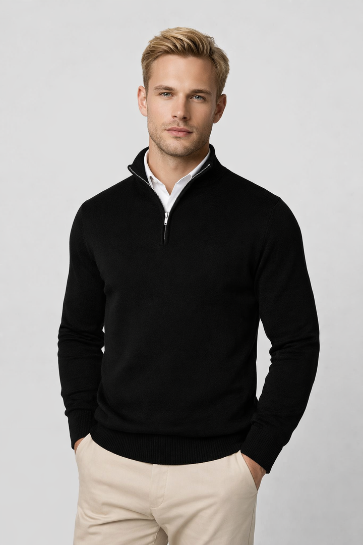 Cozy men's half zip sweater with high neck, perfect for layering & ultimate comfort in cool weather.