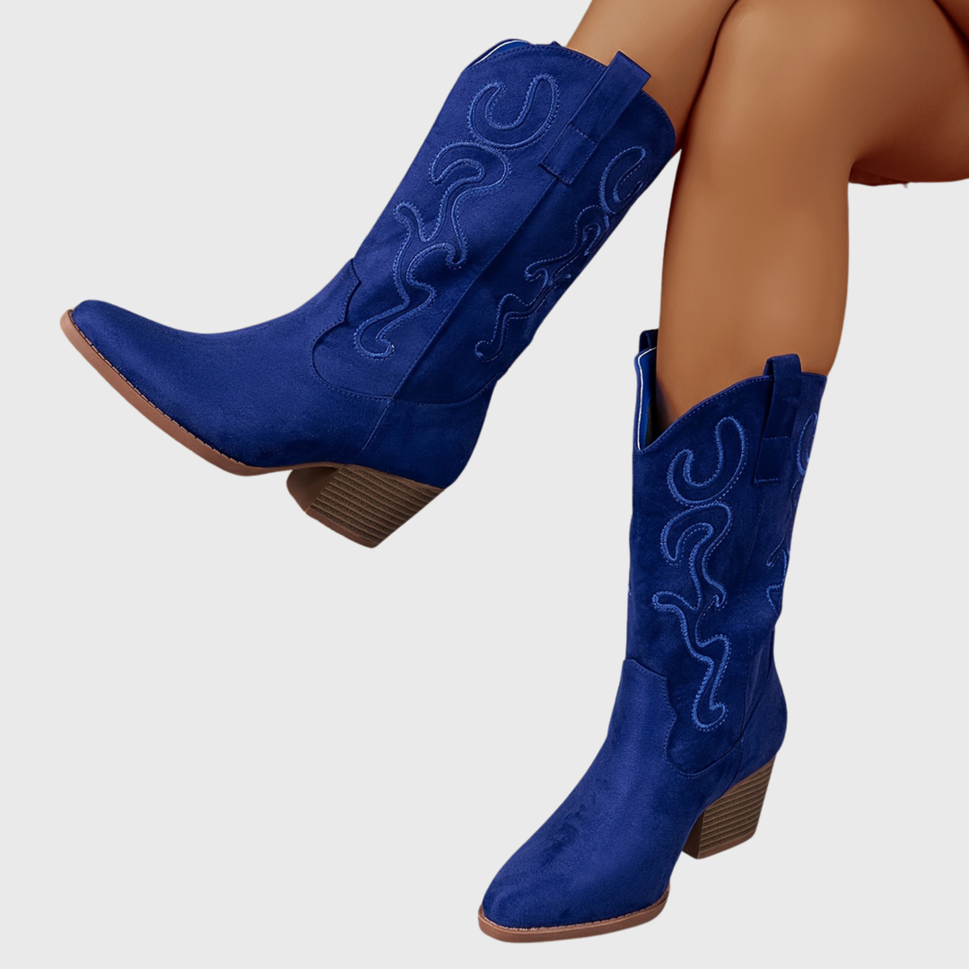 Stylish blue wide-calf western boots for women, comfortable block heel cowboy boots.