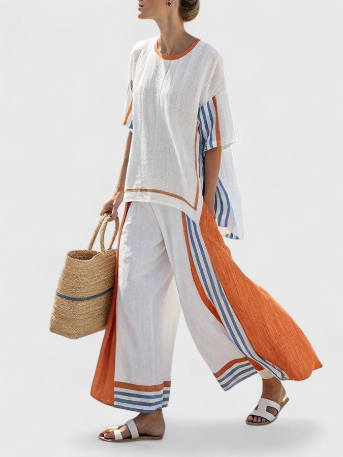 Comfortable women's two-piece set, oversized fit, wide-leg pants. Perfect for casual chic or vacation wear.