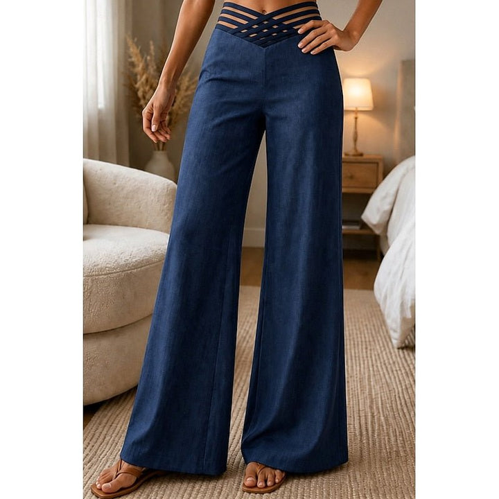 Stylish women's elegant wide-leg trousers with a high-waist, great for both casual and dressy occasions.