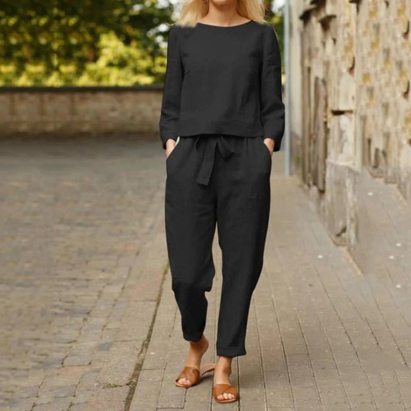 Women's chic long-sleeve blouse & adjustable waist pants two-piece set for comfortable summer elegance.