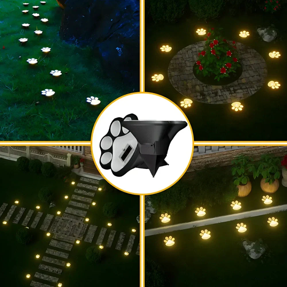 Elegant paw print solar path lights, waterproof LED for ambient outdoor garden and yard landscape lighting.