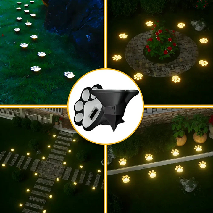 Elegant paw print solar path lights, waterproof LED for ambient outdoor garden and yard landscape lighting.