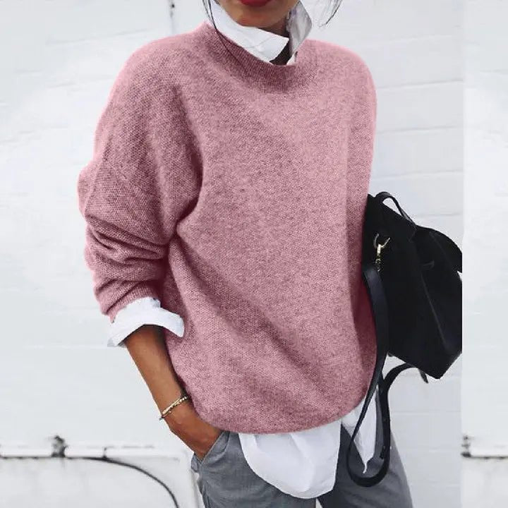 Elegant women's long sleeve relaxed crew neck sweater, a versatile chic top for office or casual styling.