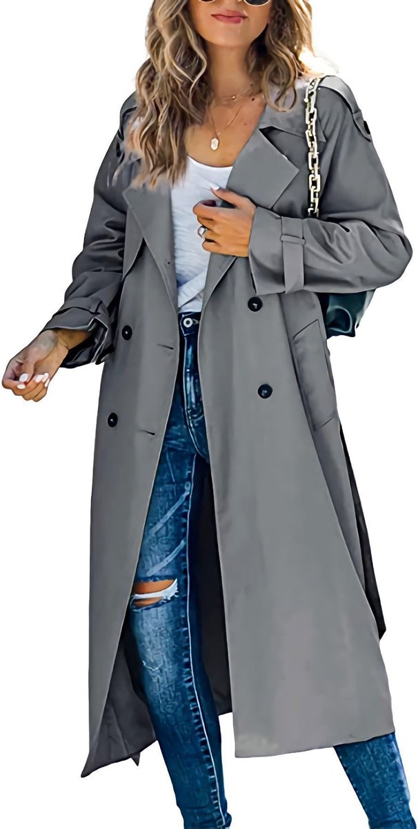 Comfortable women's oversized double-breasted trench coat with tie belt, perfect for city strolls.