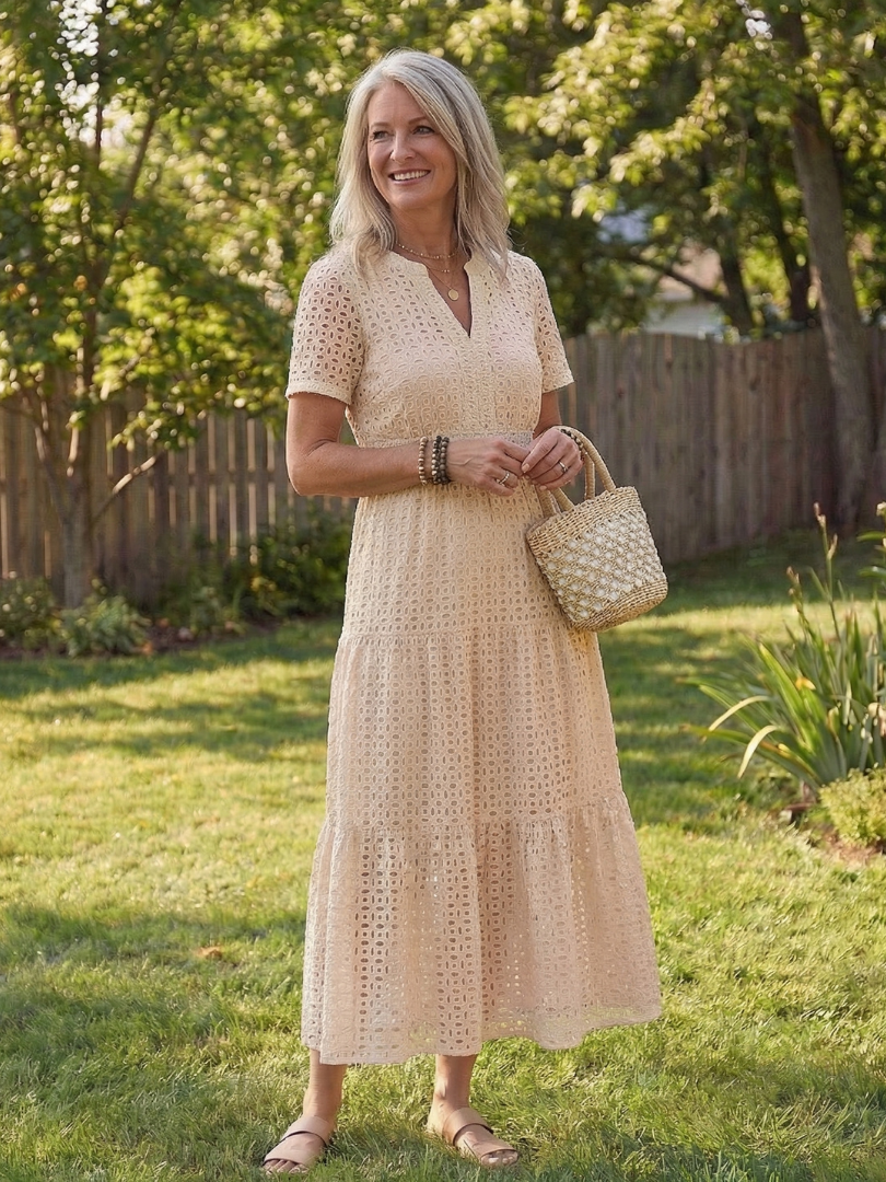 Side view of a women's eyelet tiered midi dress, showcasing its flowy tiered skirt and relaxed short sleeve fit.