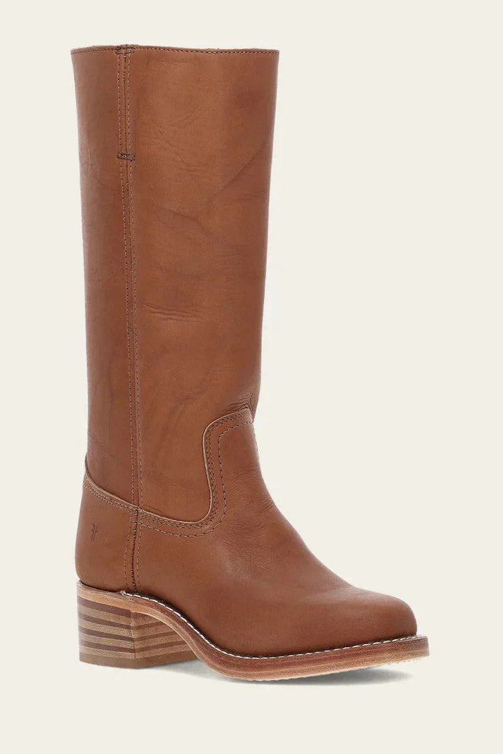 Women's elegant light brown leather tall boots, classic design with comfortable block heel.
