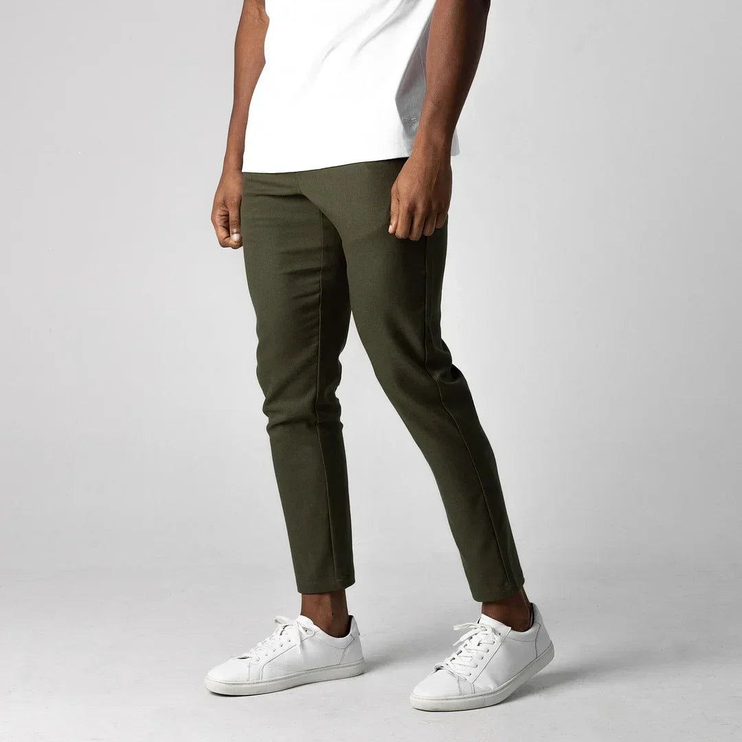 Black active stretch chinos, a durable and fashionable choice for men's bottoms.