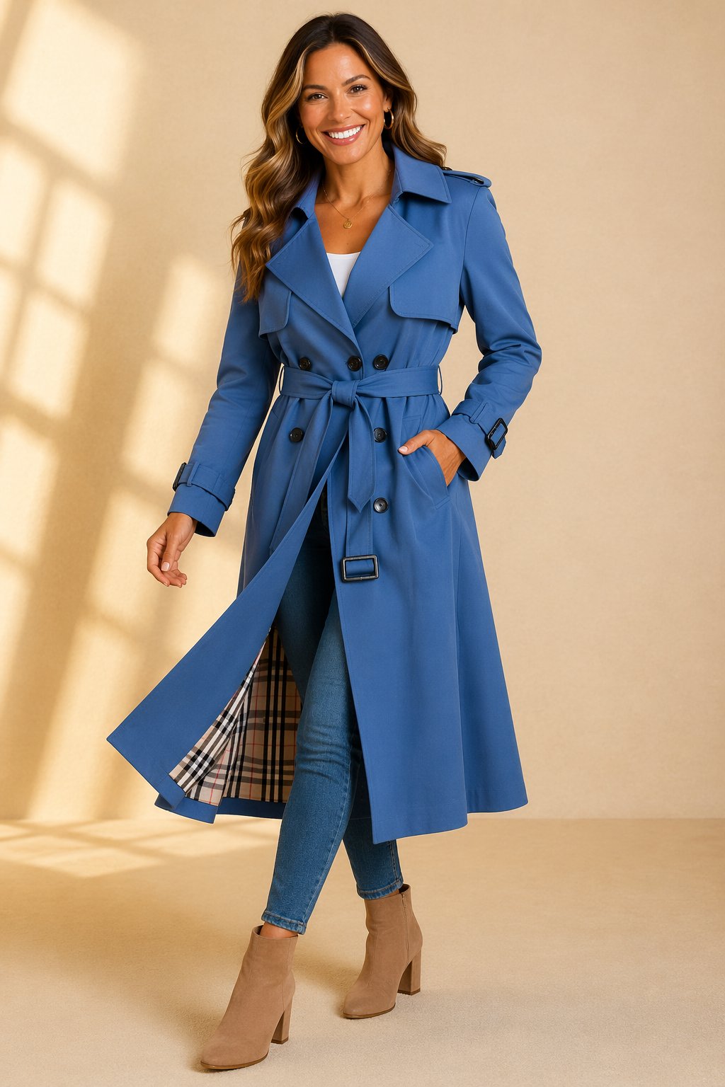 Women's elegant long trench coat. A classic double-breasted belted jacket for sophisticated spring & autumn style.