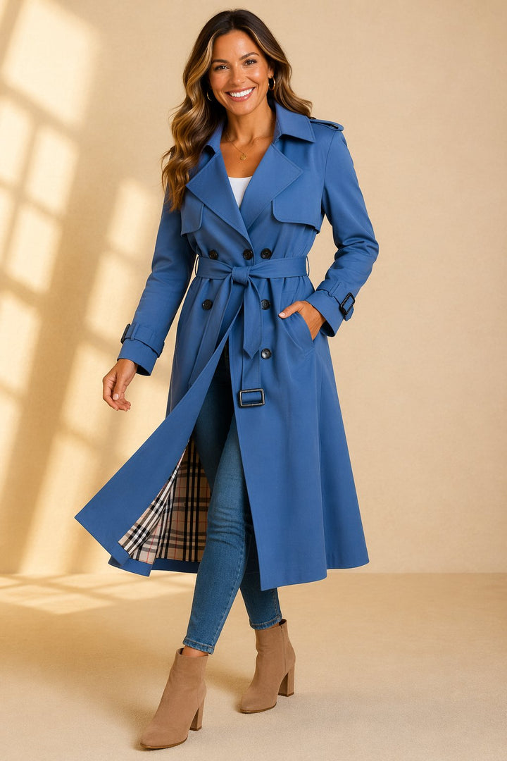 Women's elegant long trench coat. A classic double-breasted belted jacket for sophisticated spring & autumn style.