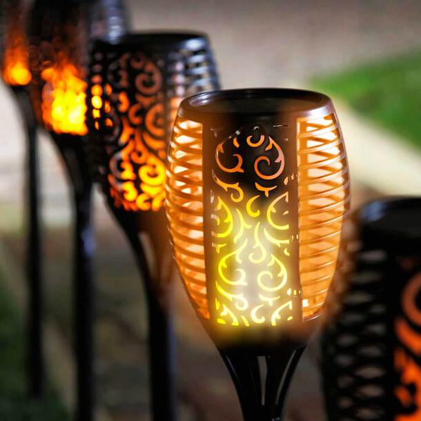 Flickering LED Solar Torch Light for outdoor garden, creating a warm, dancing flame effect.