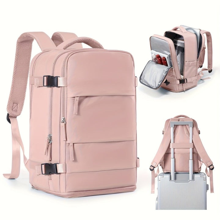 Unisex travel backpack and gym bag with separate shoe compartment and waterproof pockets for active lifestyles.