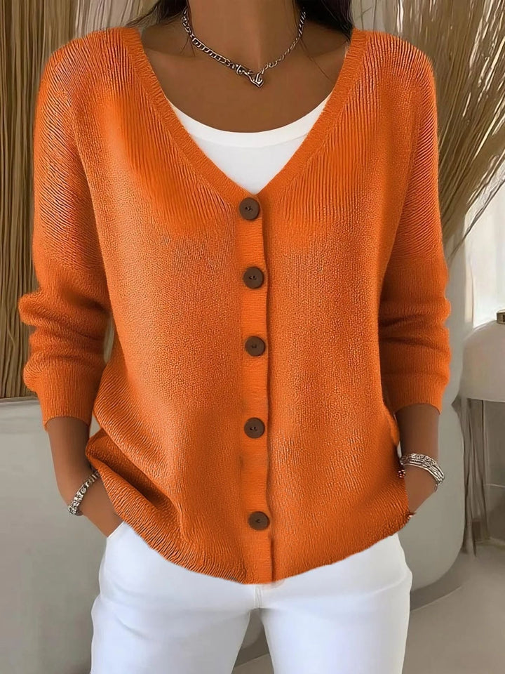Women's V-neck button-front knit cardigan sweater, perfect for casual layering and everyday comfort.