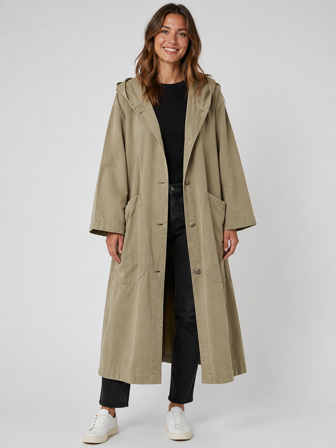 Women's classic waterproof long trench coat, elegant and versatile for all seasons.