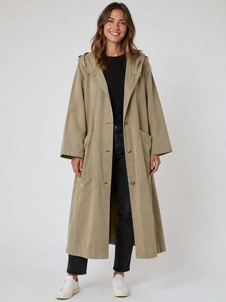 Women's classic waterproof long trench coat, elegant and versatile for all seasons.