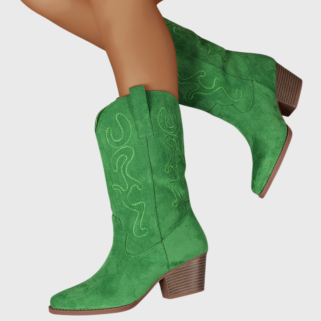 Beige wide-calf western boots, comfortable women's cowboy boots with a stylish block heel.