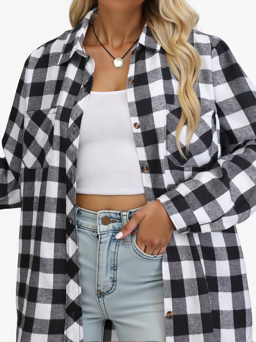 Women's fall fashion relaxed fit shirt, buffalo check pattern, long sleeve button-up.