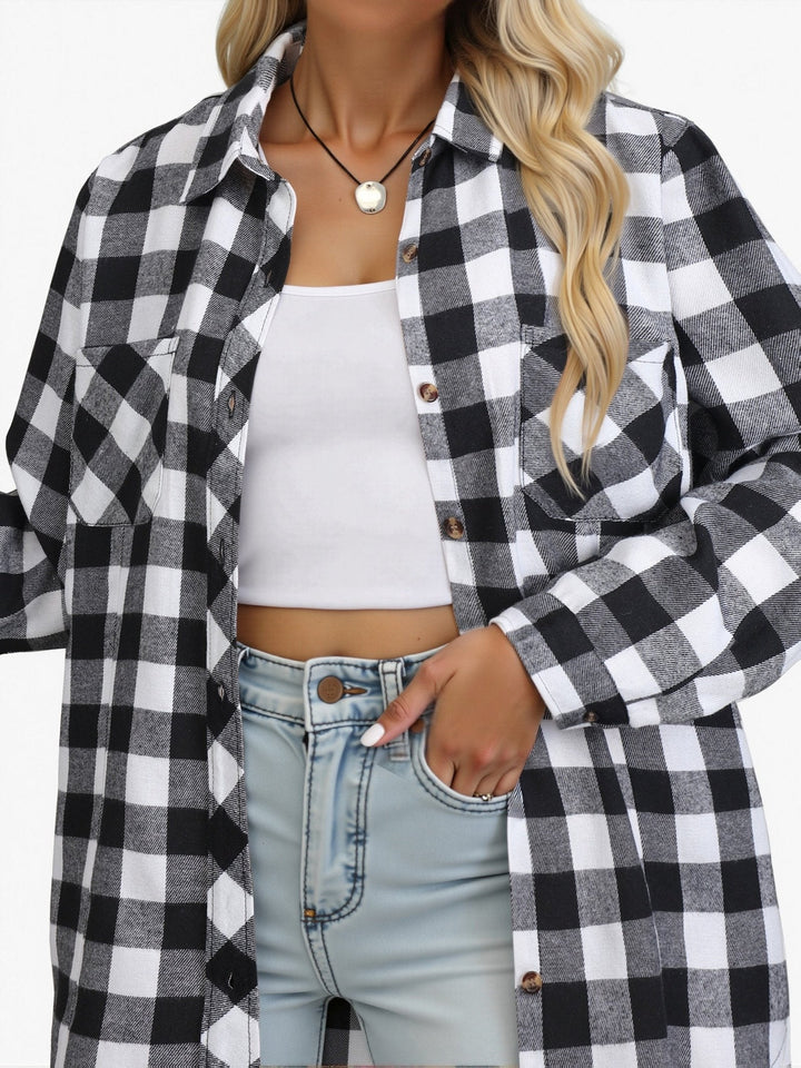Women's fall fashion relaxed fit shirt, buffalo check pattern, long sleeve button-up.