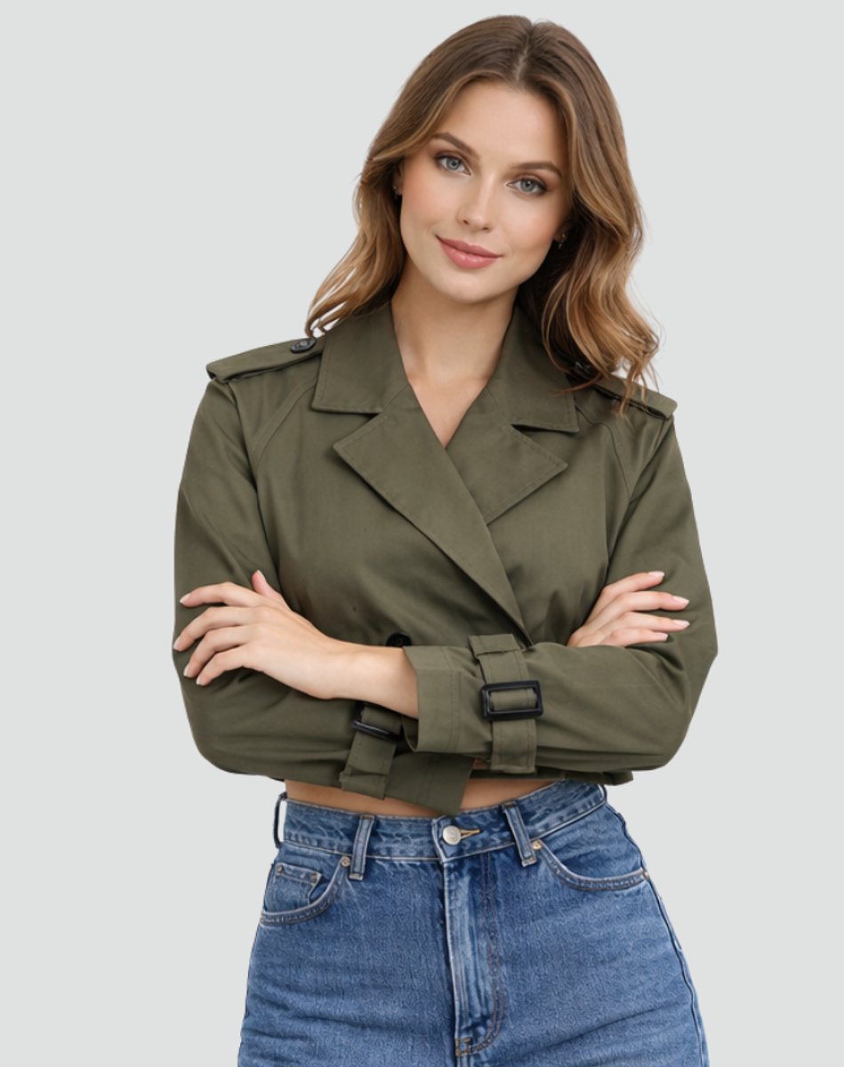 Elegant women's cropped trench coat, double-breasted with belt. Perfect fall or spring jacket.
