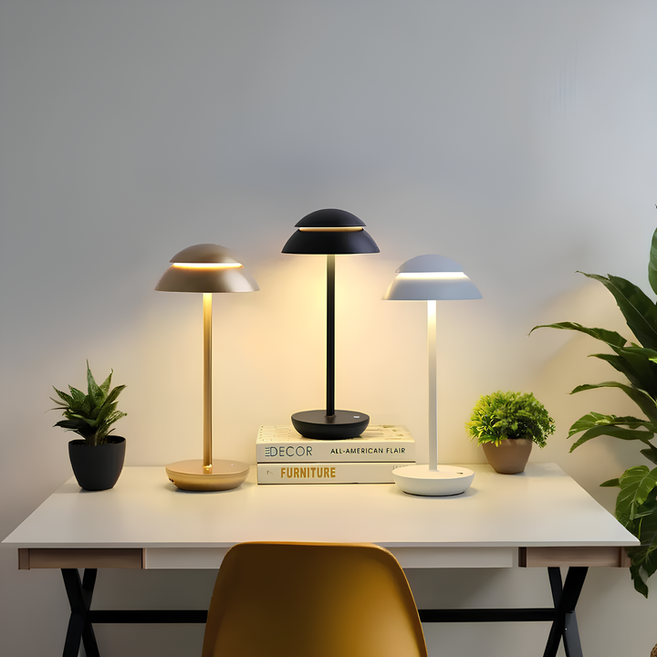 Versatile rechargeable LED table lamp. Nordic minimalist design, great for home, office or patio.